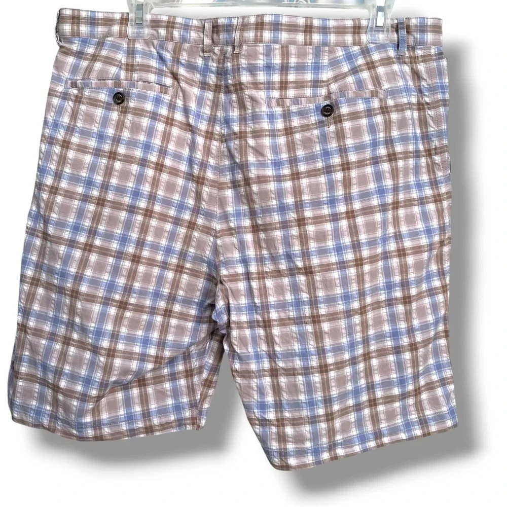 Tommy Bahama Mens 40 Plaid Shorts Brown Blue Seersucker Stretch Flat Front‎